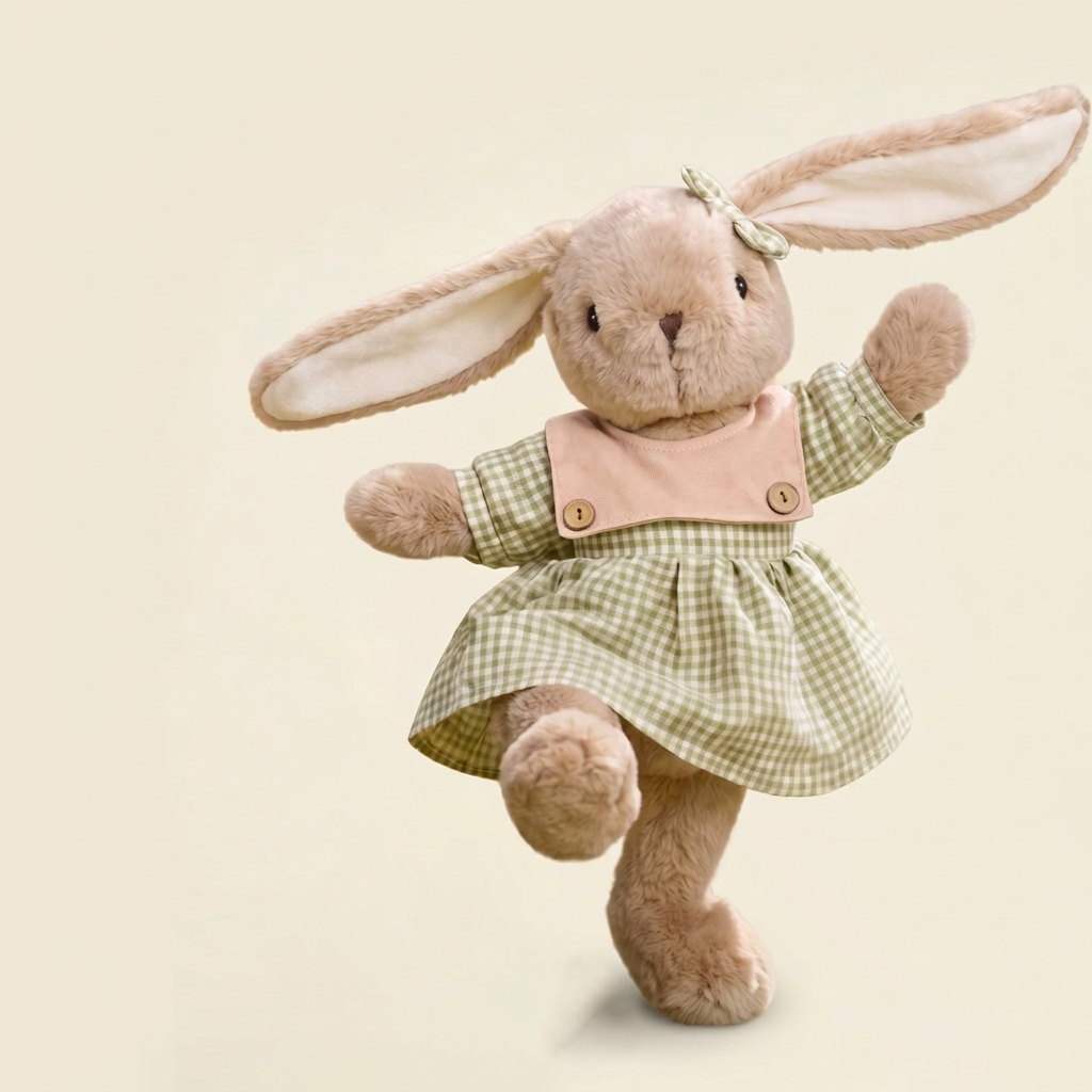 Lop-eared plush bunny in a gingham dress with ear bow and pink button collar – Cookie, 30cm
