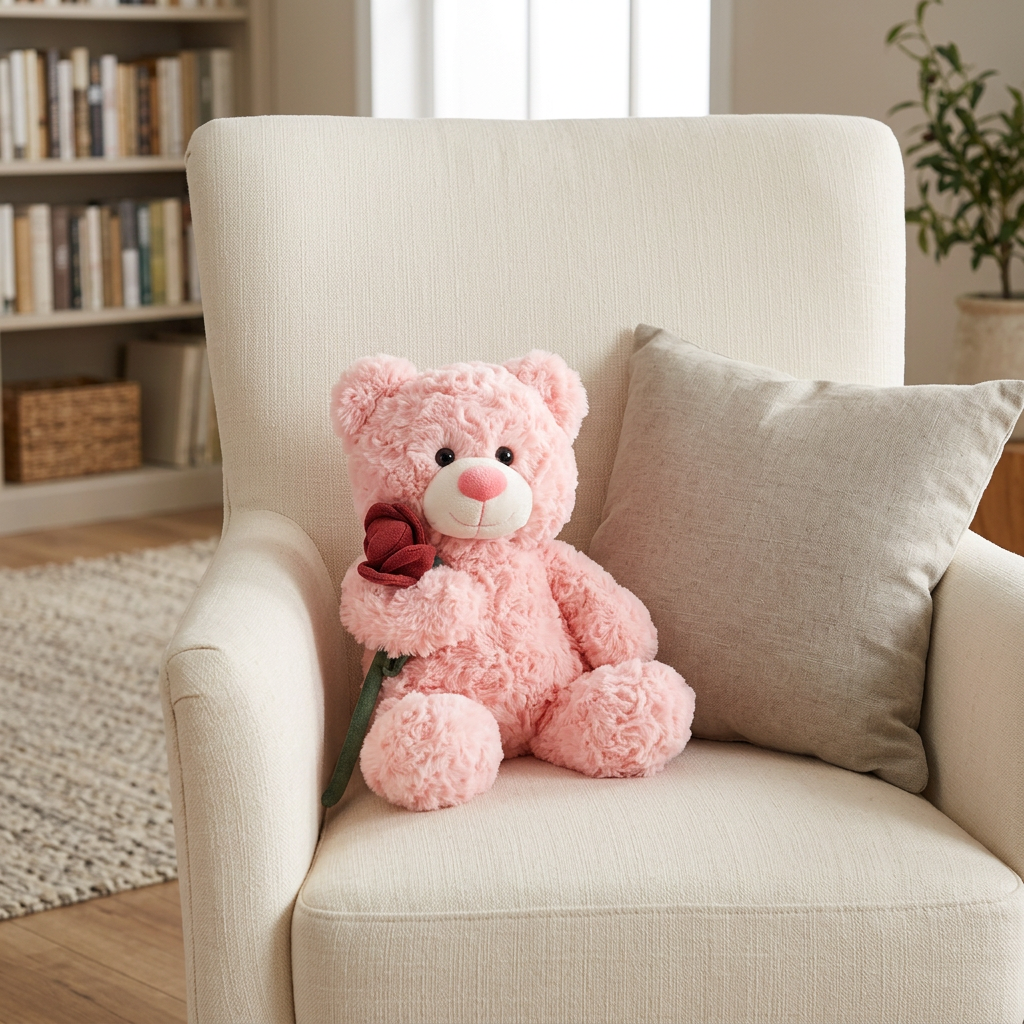 Curly plush teddy bear holding a red fabric rose with a green stem, 30cm – view 4 of 7