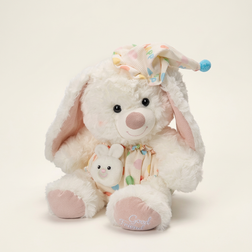 Plush bear and bunny in nightcaps and patterned pyjama-style fronts – Bunny, 25cm