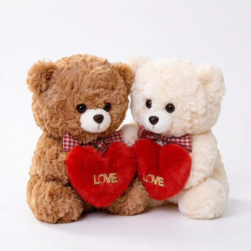Brown and cream hugging teddy bears holding red LOVE hearts with checked bows – view 2 of 8
