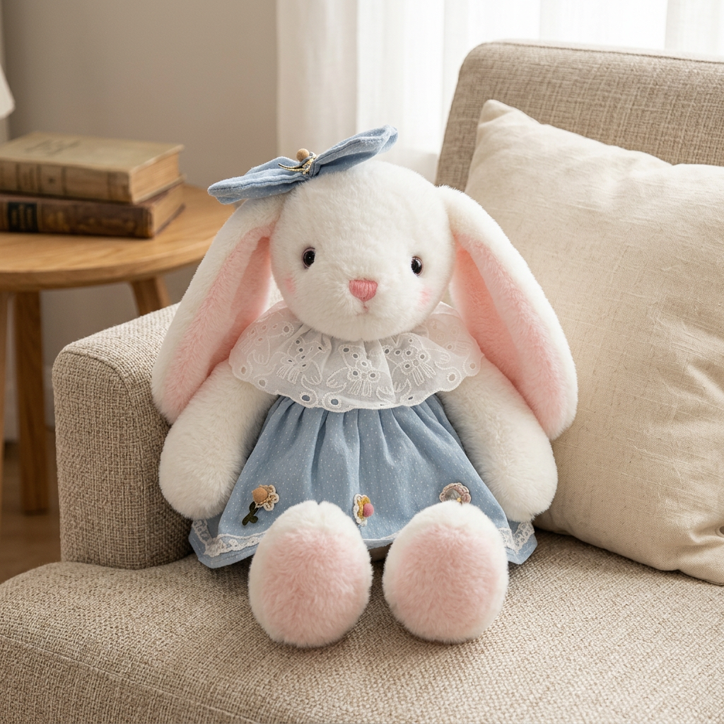 White bunny soft toy in a light blue floral dress with eyelet collar and head bow – view 4 of 6
