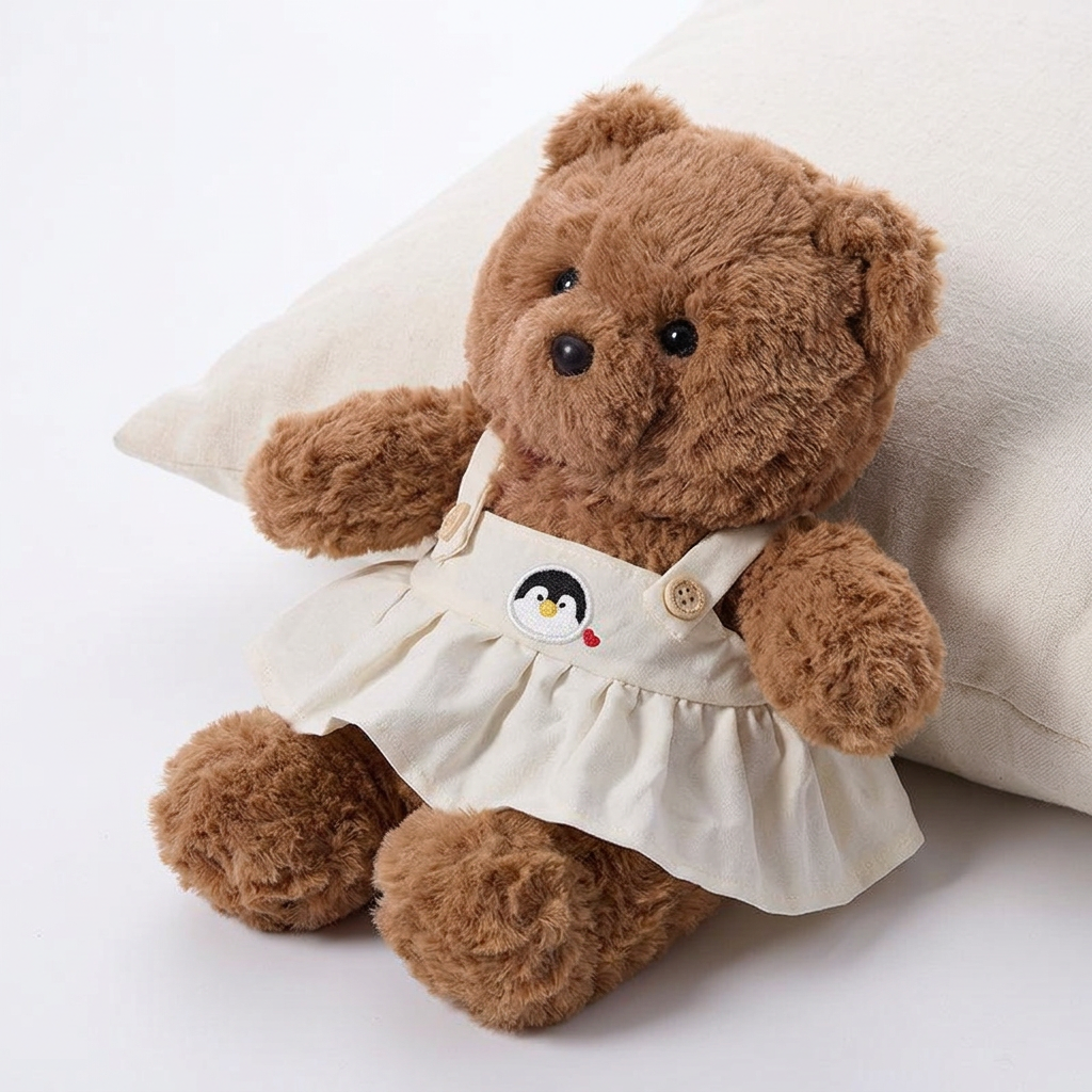 Small brown teddy bear in cream pinafore dress with penguin motif