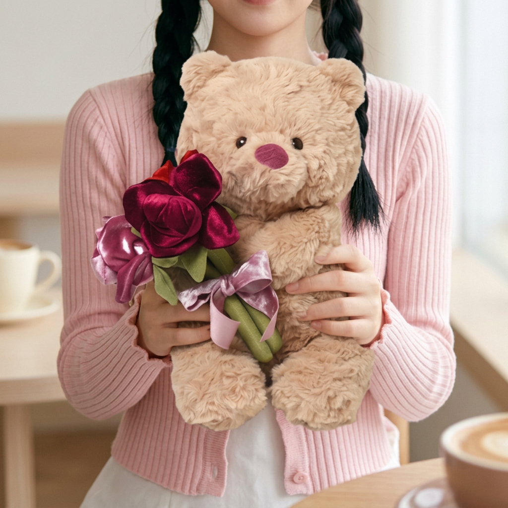 Curly beige teddy bear holding burgundy and mauve fabric flower bouquet – view 6 of 7
