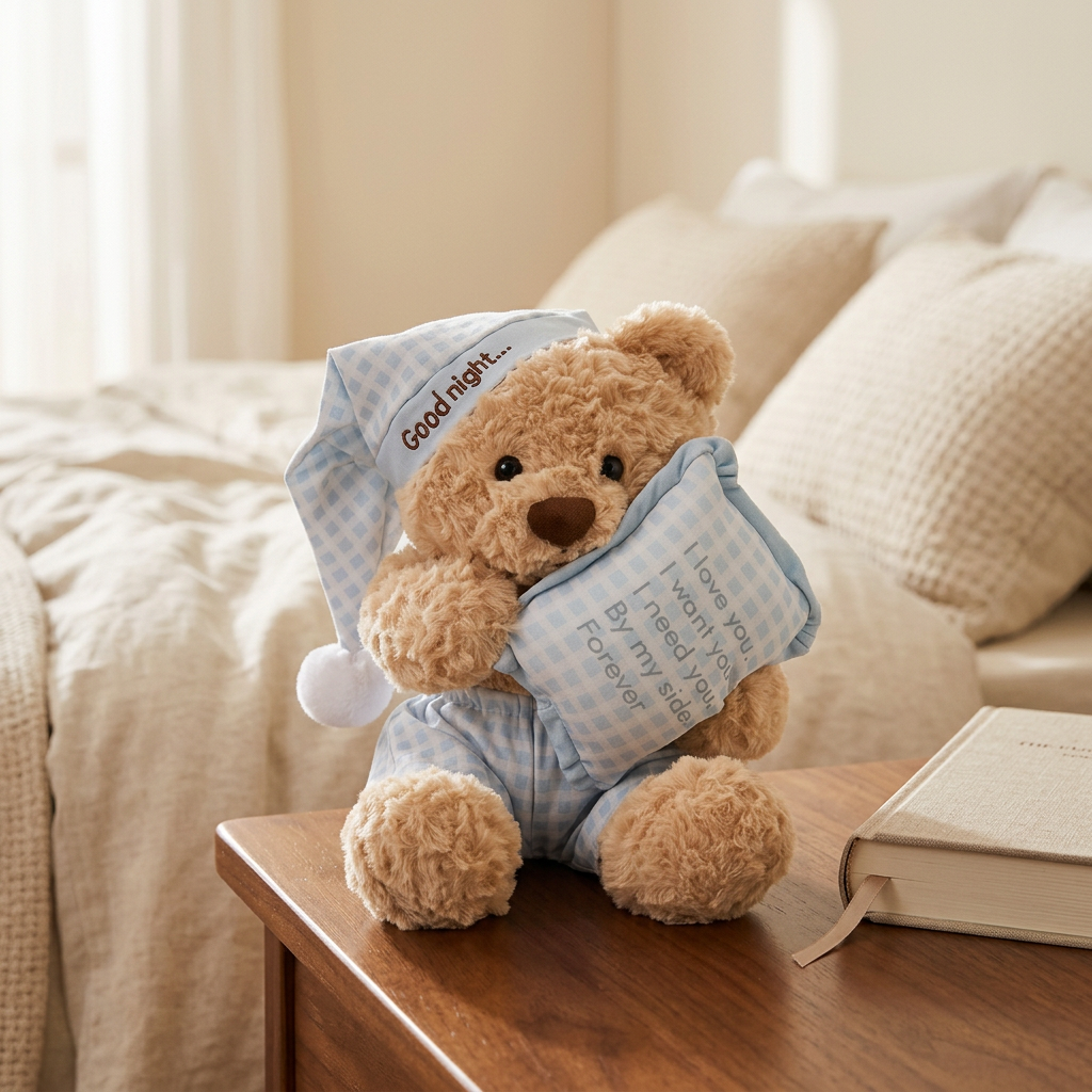 Sleepy teddy bear in checked nightcap and shorts holding a small cushion – view 5 of 9
