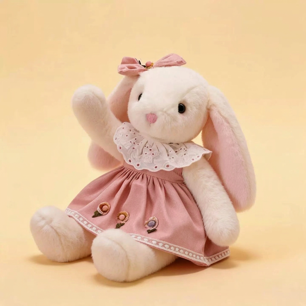 White lop-eared bunny soft toy in a flower-trimmed dress with eyelet collar – Peach