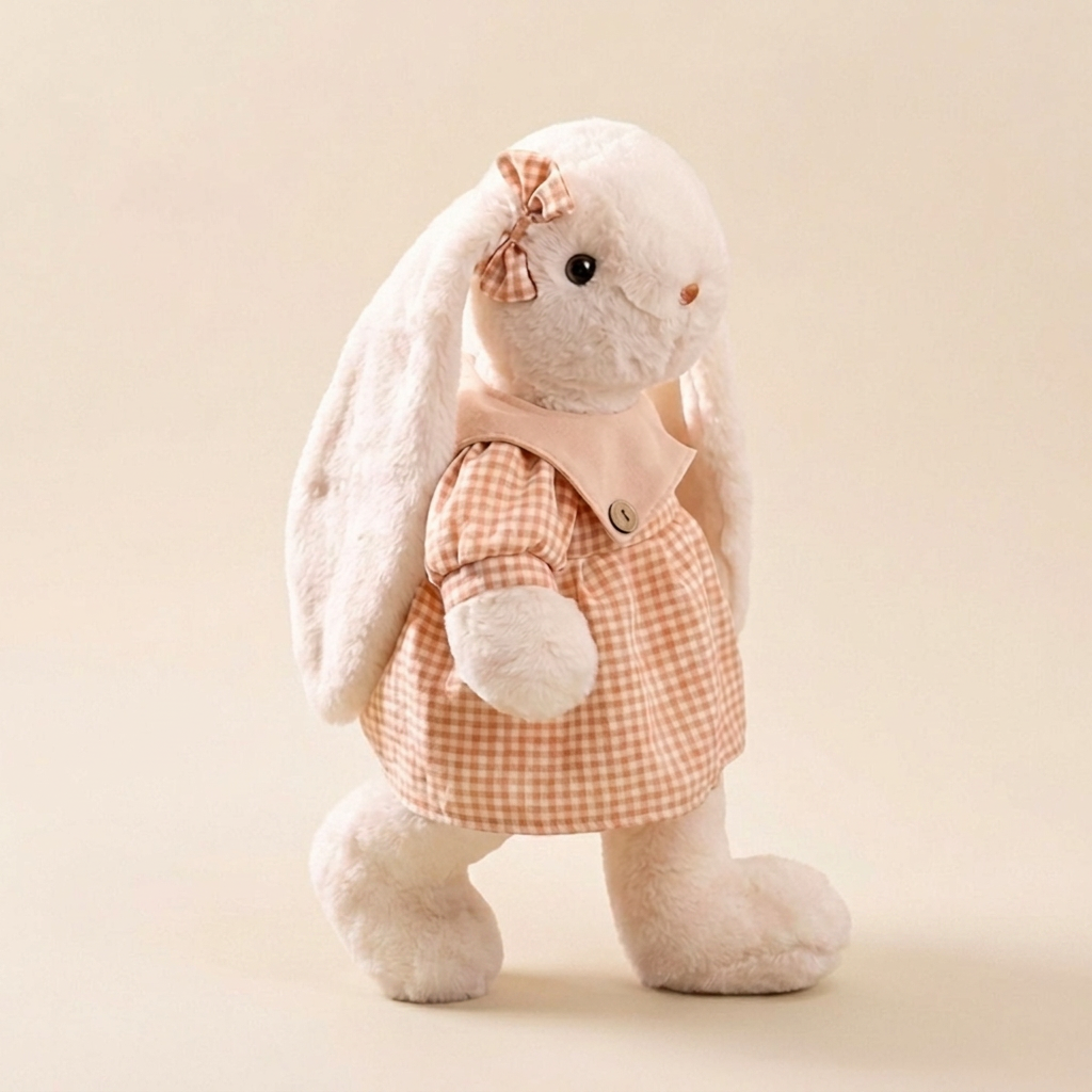Lop-eared plush bunny in a gingham dress with ear bow and pink button collar – Shortbread, 30cm