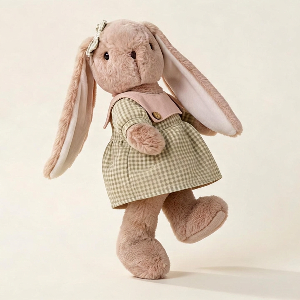 Lop-eared plush bunny in a gingham dress with ear bow and pink button collar – view 3 of 7