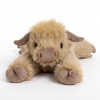 Lying Highland cow soft toy with shaggy golden-tan fur, fringe and brown hooves – view 5 of 7