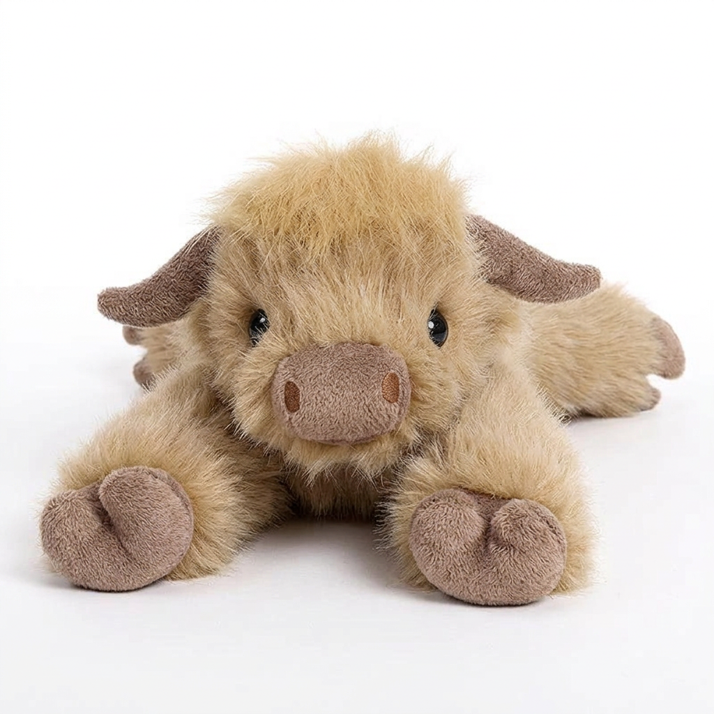 Lying Highland cow soft toy with shaggy golden-tan fur, fringe and brown hooves – view 5 of 7