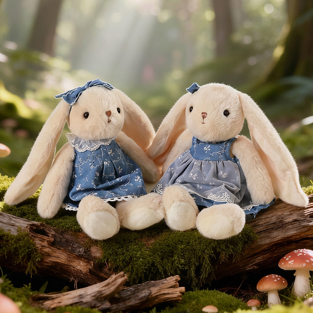 Cream plush bunny soft toy with long floppy ears in a blue floral lace dress – view 5 of 7