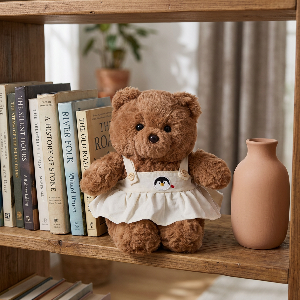 Small brown teddy bear in cream pinafore dress with penguin motif – view 3 of 7