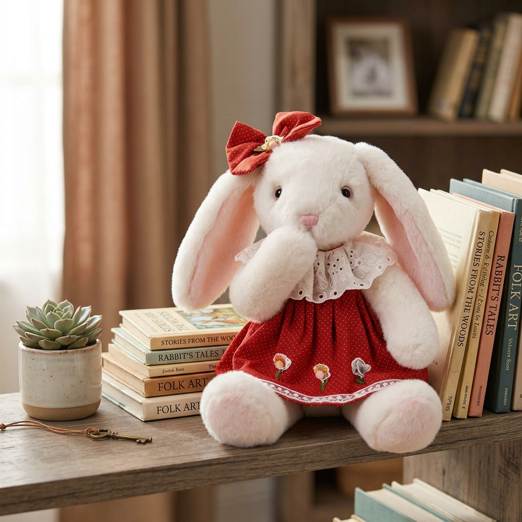White lop-eared bunny soft toy in a flower-trimmed dress with eyelet collar – view 6 of 8