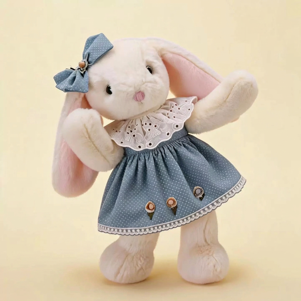 White lop-eared bunny soft toy in a flower-trimmed dress with eyelet collar – Blue