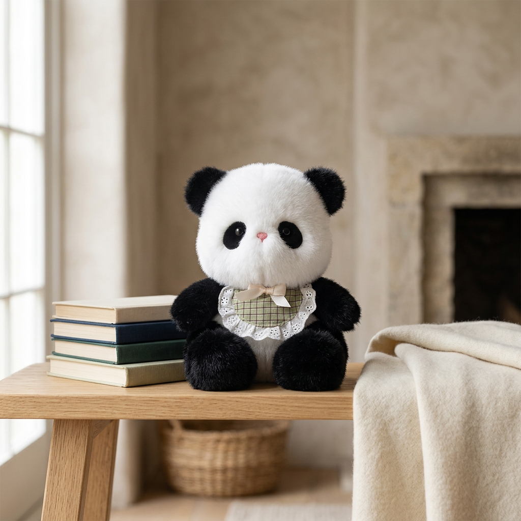 Little sitting plush animal with checked lace-edged bib and ribbon bow – view 8 of 10