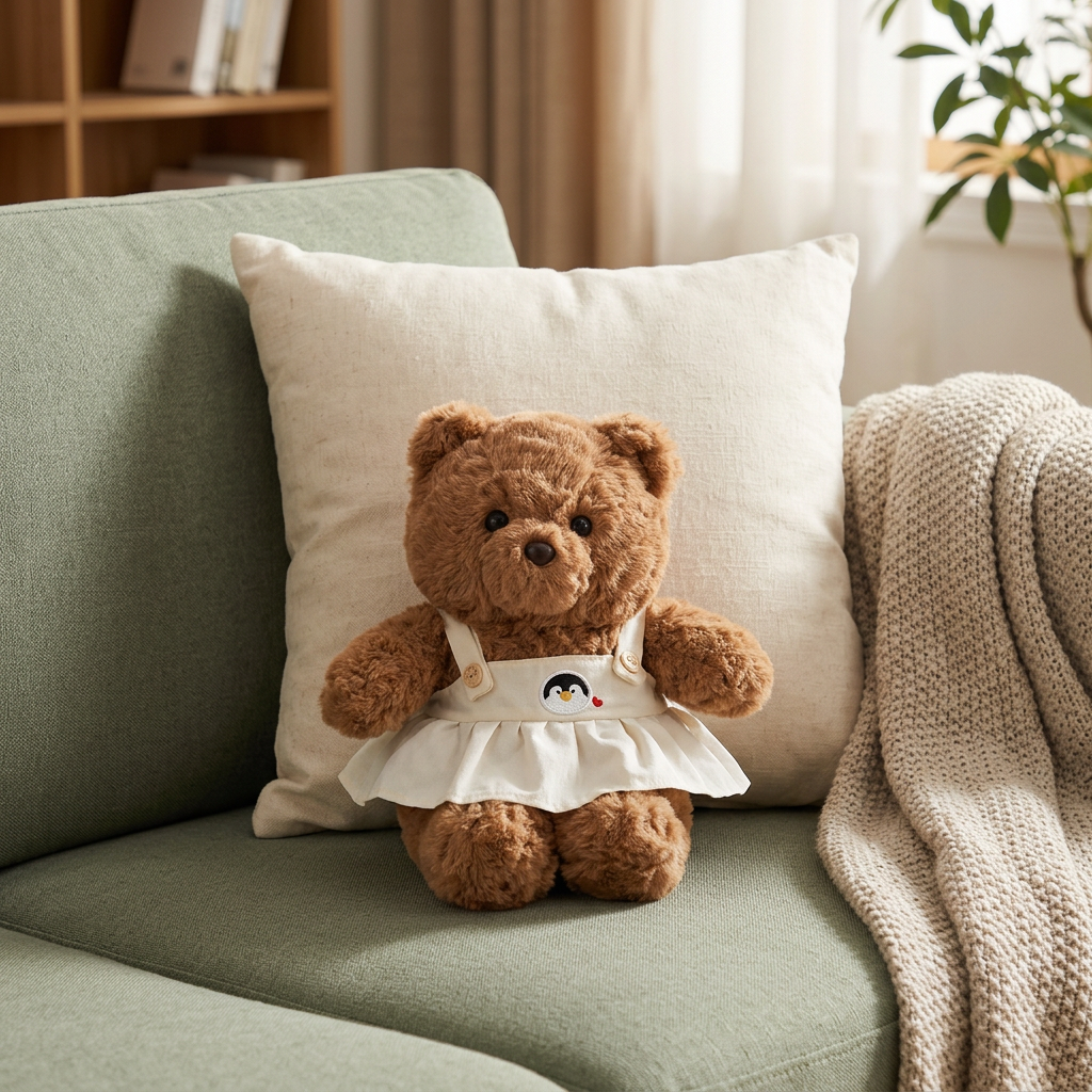 Small brown teddy bear in cream pinafore dress with penguin motif – view 4 of 7