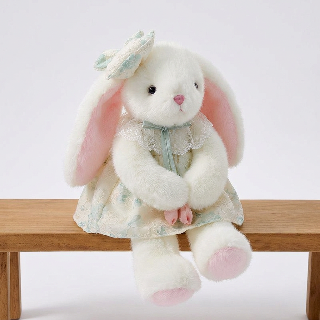 White long-eared bunny soft toy in a patterned dress with lace collar and ear bow – view 3 of 13