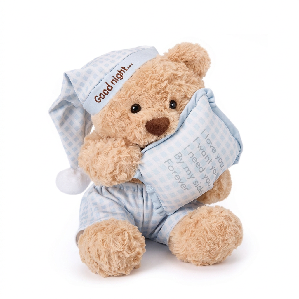 Sleepy teddy bear in checked nightcap and shorts holding a small cushion – Golden Brown, 30cm