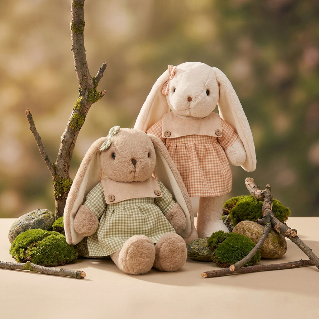 Lop-eared plush bunny in a gingham dress with ear bow and pink button collar – view 4 of 7
