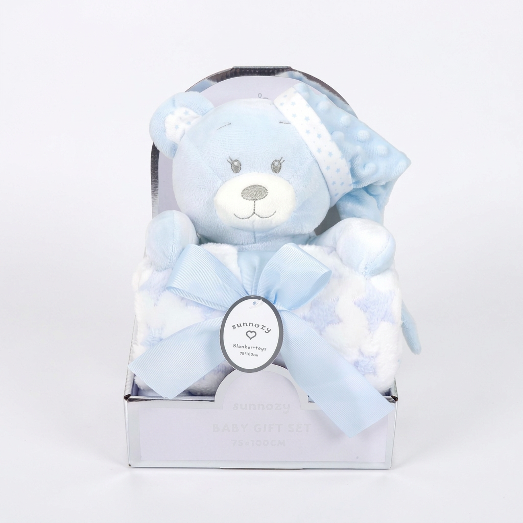 Flannel baby blanket with a matching animal soft toy gift set – Blue Bear with Hat