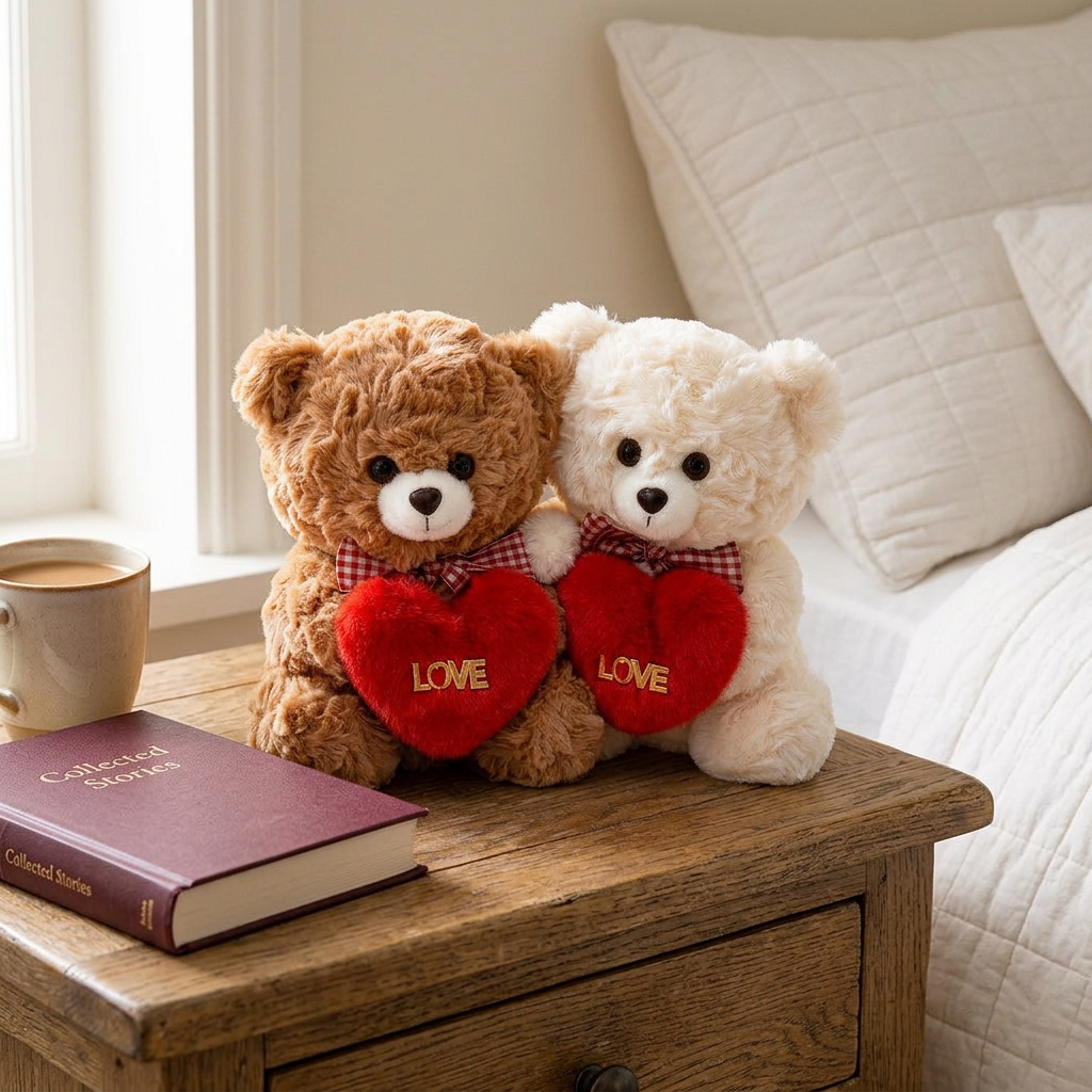 Brown and cream hugging teddy bears holding red LOVE hearts with checked bows – view 4 of 8