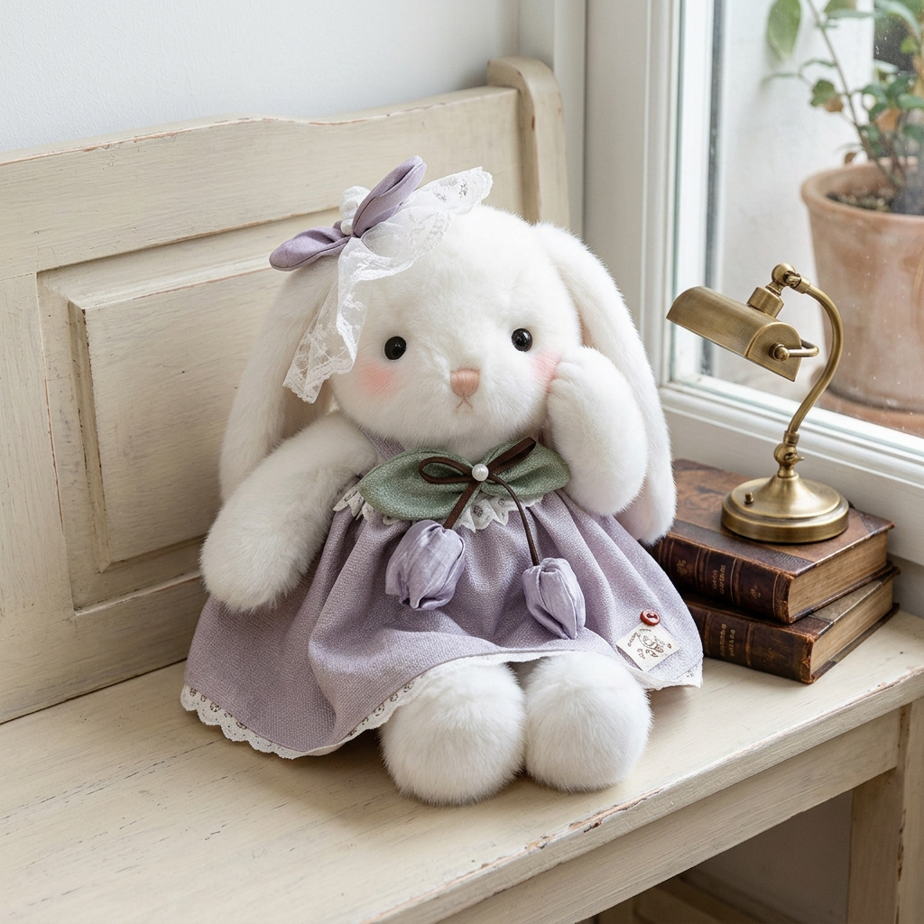 White lop-eared bunny soft toy in a lace-trimmed dress with green collar and head bow – view 7 of 9