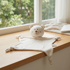 Cream fabric baby comforter with animal head, stitched face and knotted corners – view 7 of 11