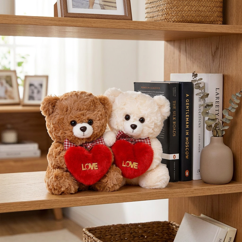 Brown and cream hugging teddy bears holding red LOVE hearts with checked bows – view 5 of 8