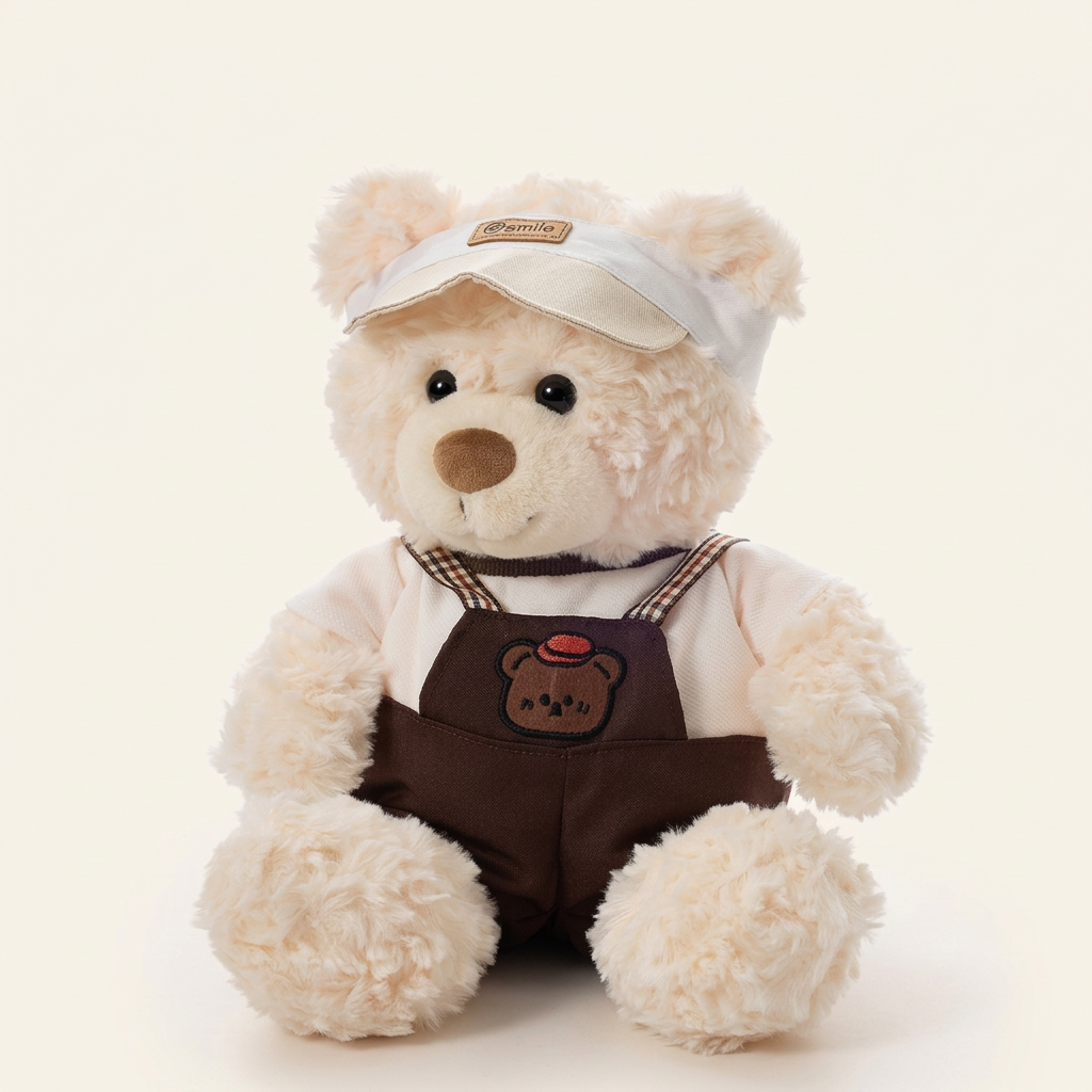 Teddy bear in brown dungarees with checked straps and white visor – Warm White