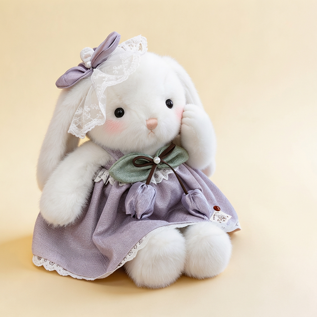 White lop-eared bunny soft toy in a lace-trimmed dress with green collar and head bow – purple, 28cm