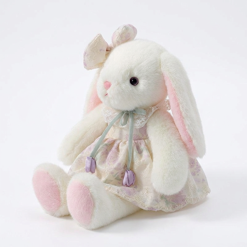 White long-eared bunny soft toy in a patterned dress with lace collar and ear bow – view 2 of 13