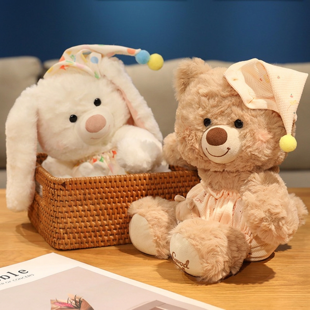 Plush bear and bunny in nightcaps and patterned pyjama-style fronts – view 3 of 11