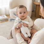 White bunny hand puppet comforter with grey bow tie and baby cloth book – view 2 of 8