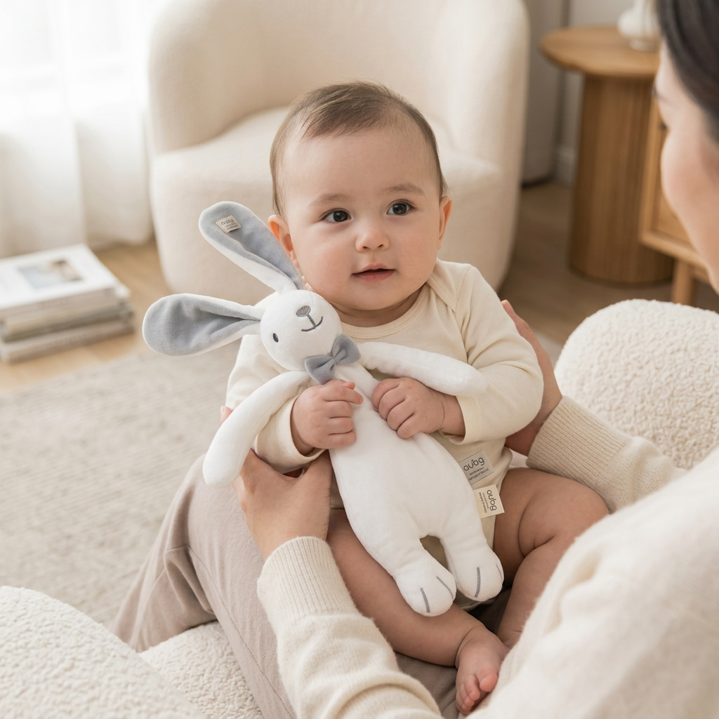 White bunny hand puppet comforter with grey bow tie and baby cloth book – view 2 of 8
