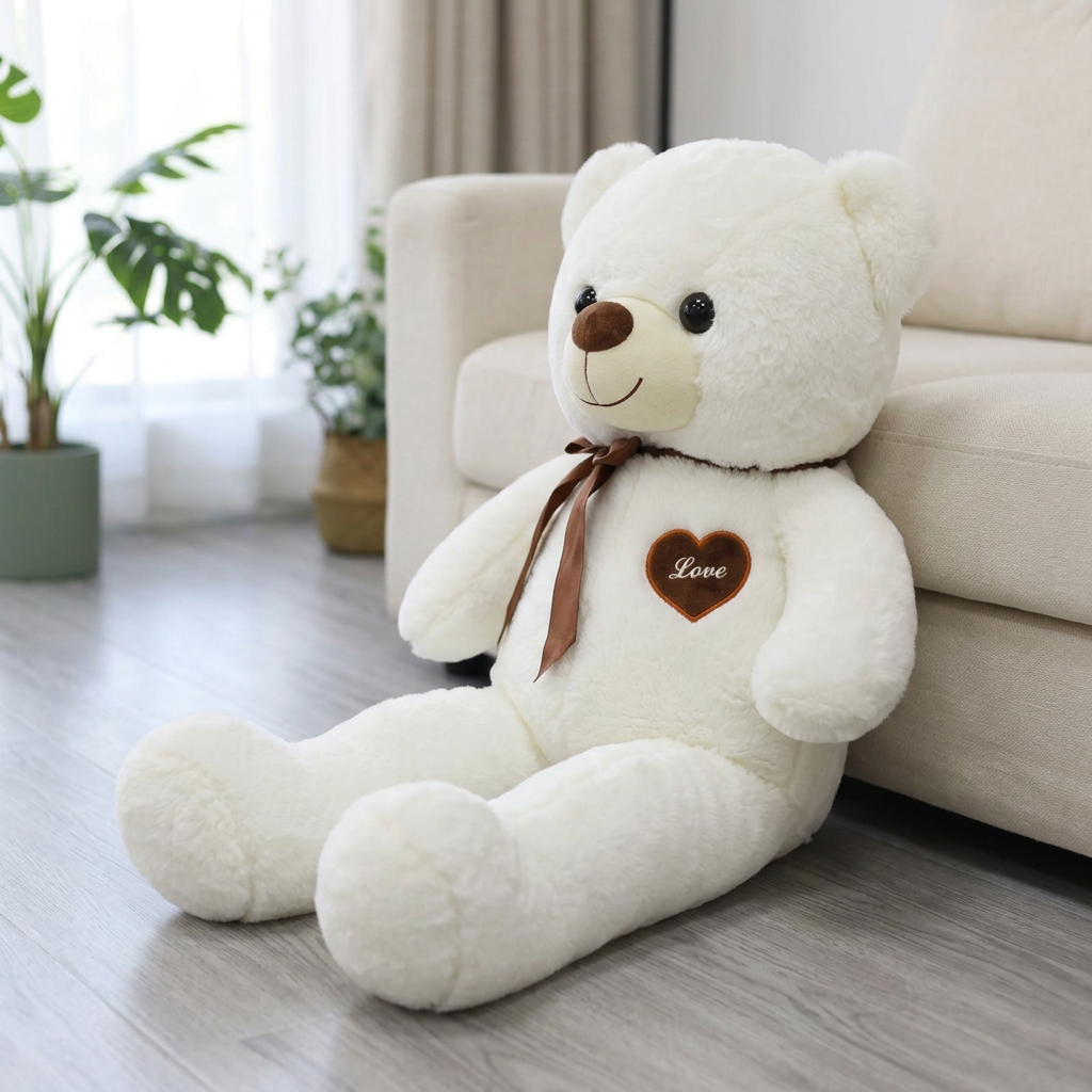 Large 80cm teddy bear with cream muzzle, brown neck ribbon and Love heart chest patch – view 8 of 9