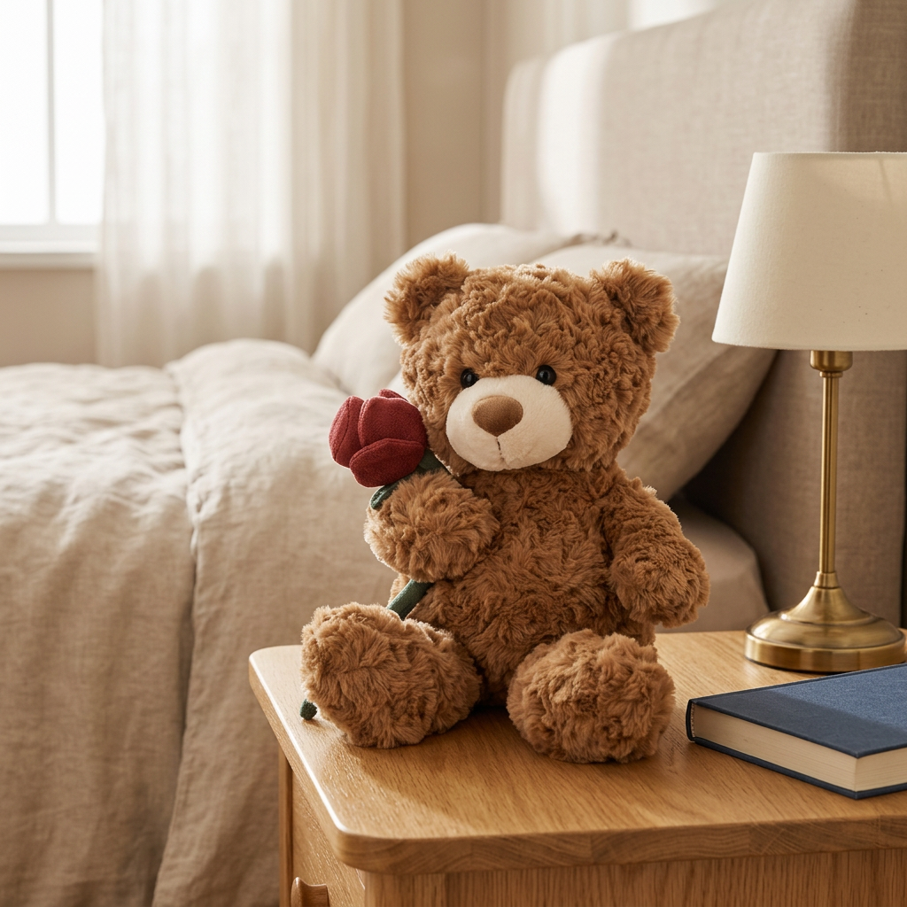 Curly plush teddy bear holding a red fabric rose with a green stem, 30cm – view 3 of 7