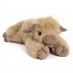 Lying Highland cow soft toy with shaggy golden-tan fur, fringe and brown hooves – view 6 of 7