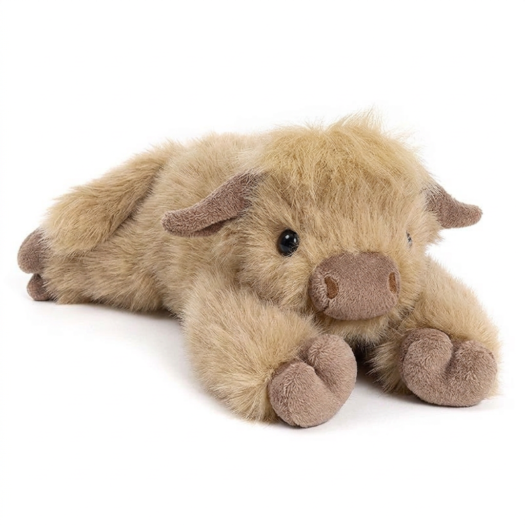 Lying Highland cow soft toy with shaggy golden-tan fur, fringe and brown hooves – view 6 of 7