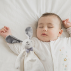 White bunny hand puppet comforter with grey bow tie and baby cloth book – view 6 of 8