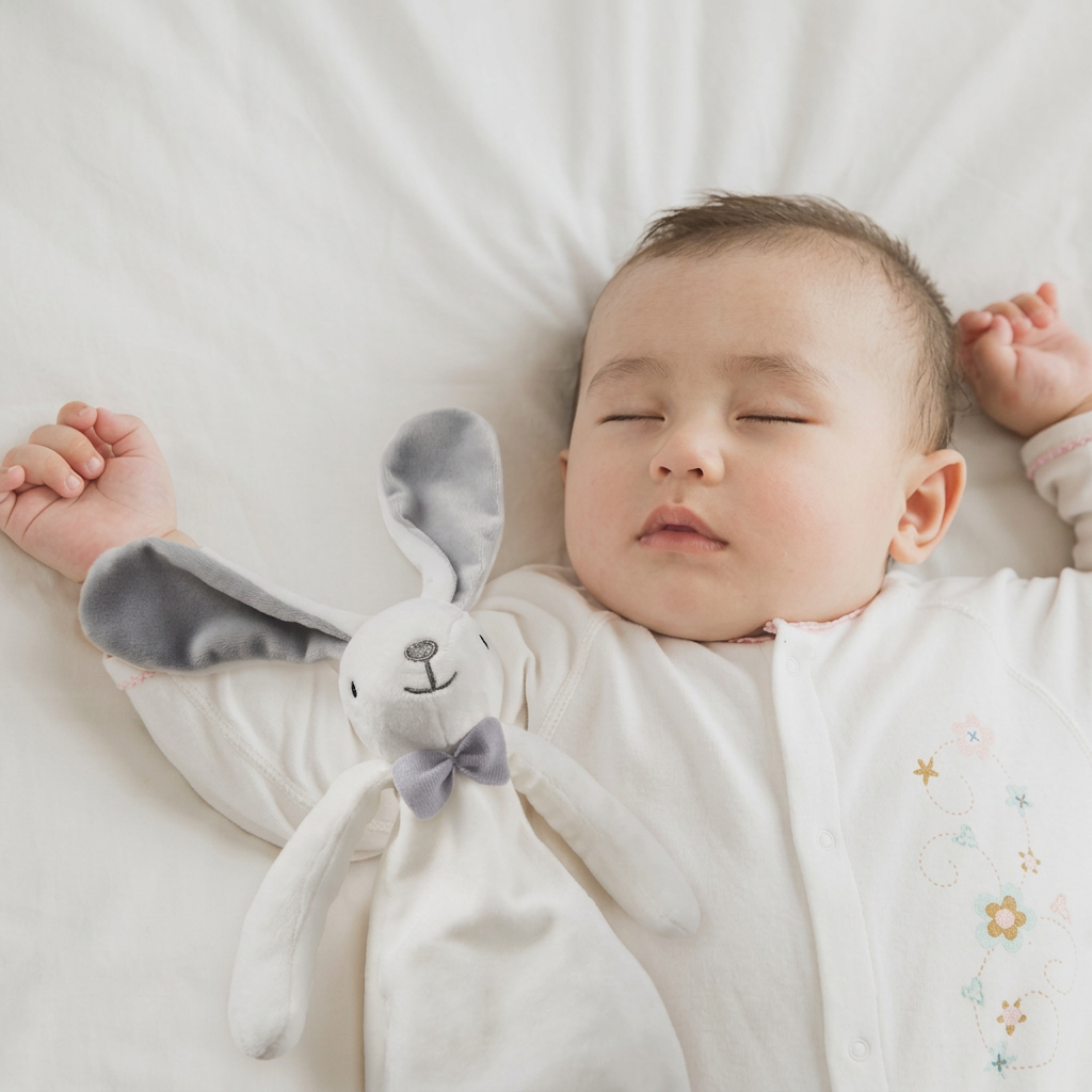 White bunny hand puppet comforter with grey bow tie and baby cloth book – view 6 of 8