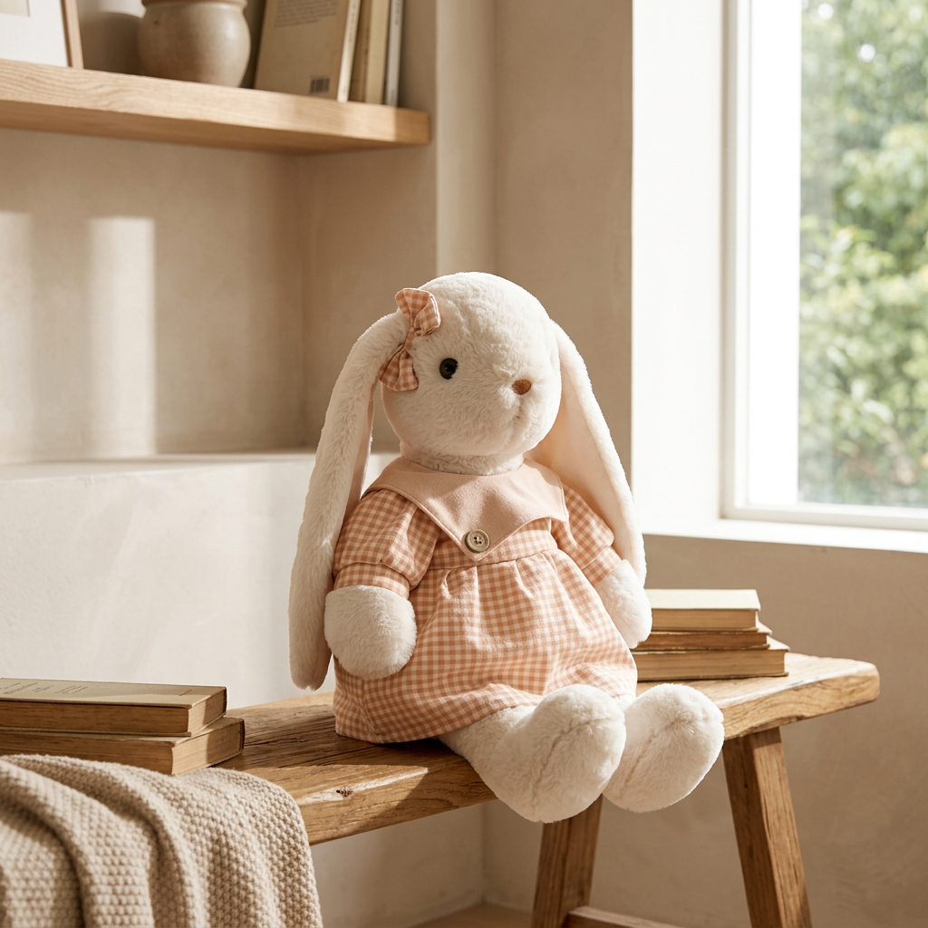 Lop-eared plush bunny in a gingham dress with ear bow and pink button collar – view 7 of 7