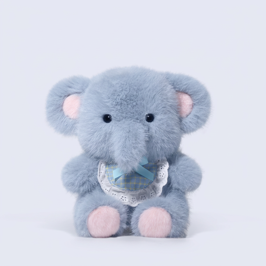 Little sitting plush animal with checked lace-edged bib and ribbon bow – Elephant, 20cm