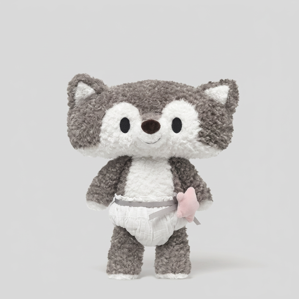 28cm plush koala, wolf or crocodile with oversized head and curly fur – Wolf with Nappy, 28cm