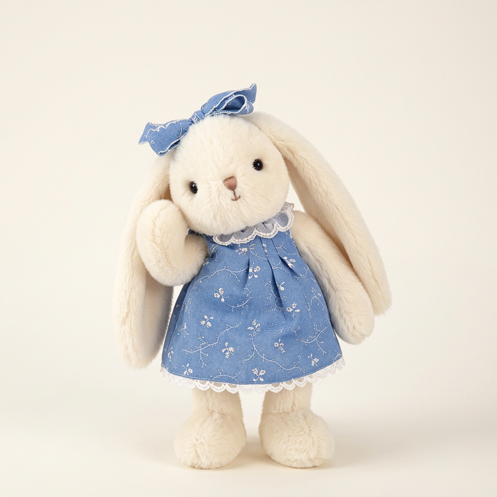 Cream plush bunny soft toy with long floppy ears in a blue floral lace dress – Classic Outfit