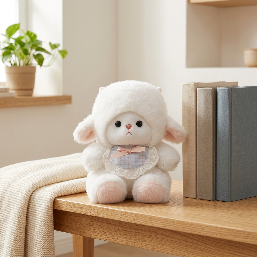 Little sitting plush animal with checked lace-edged bib and ribbon bow – view 9 of 10