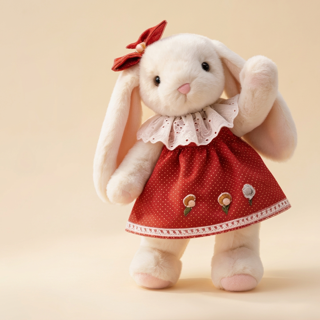 White lop-eared bunny soft toy in a flower-trimmed dress with eyelet collar – Berry