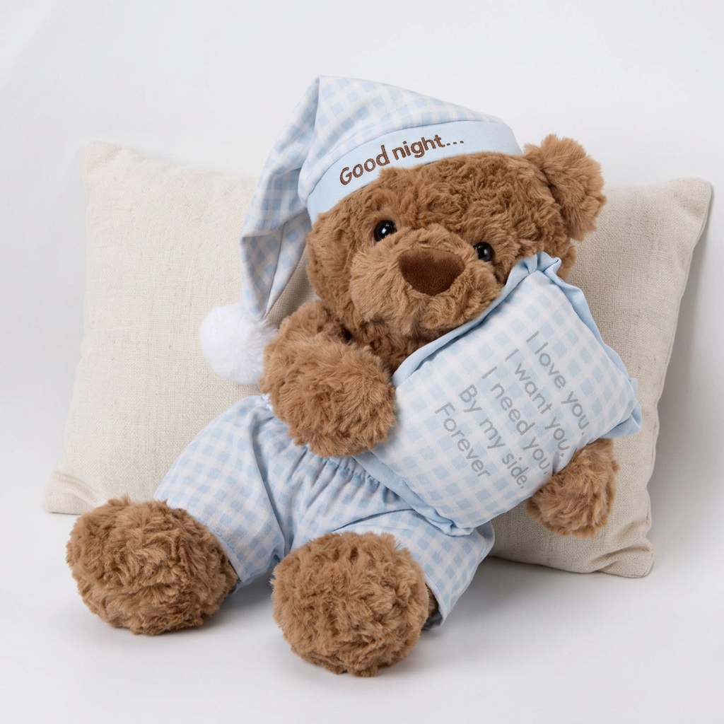 Sleepy teddy bear in checked nightcap and shorts holding a small cushion – view 2 of 9