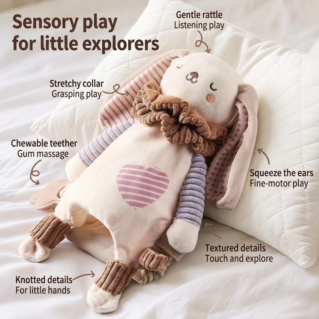 Cream plush bunny hand puppet comforter with ruffled collar and flower teether – view 3 of 8