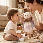 Cream plush bunny hand puppet comforter with ruffled collar and flower teether – view 8 of 8