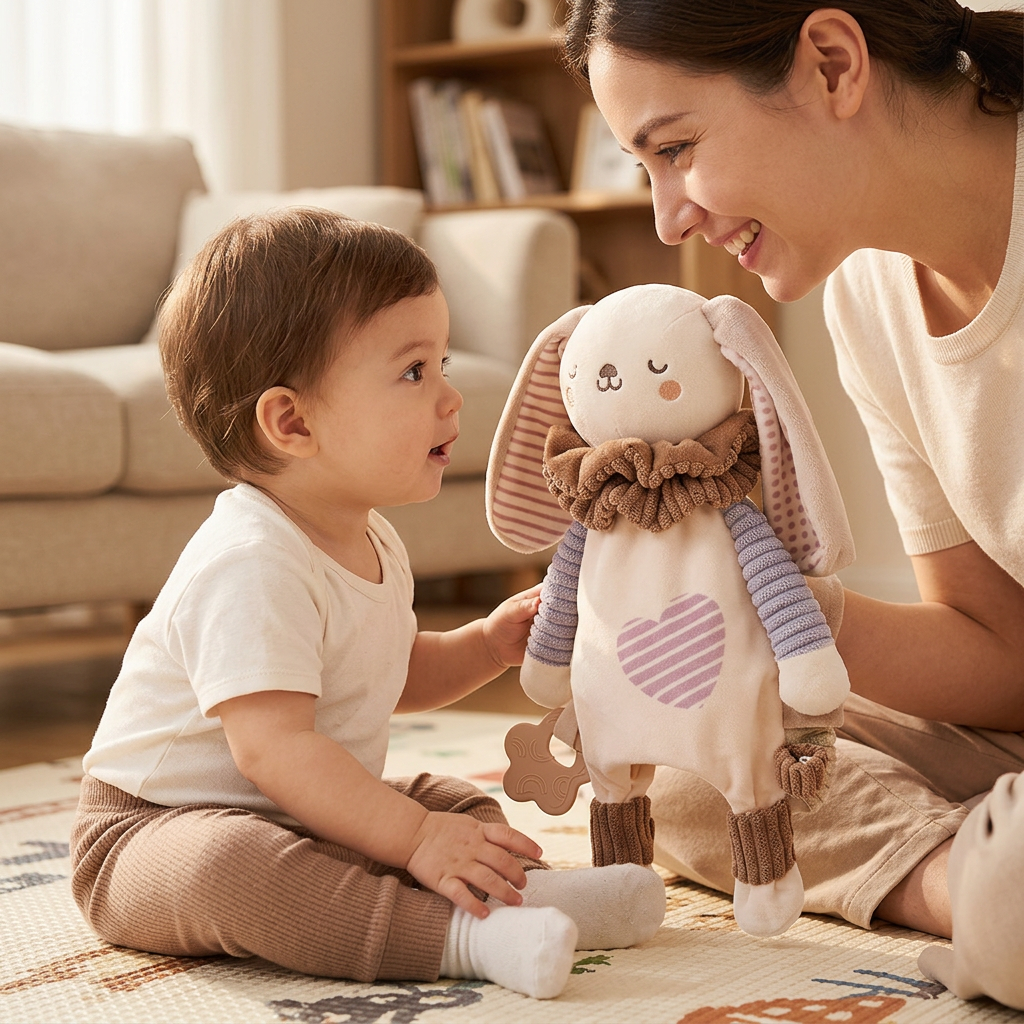 Cream plush bunny hand puppet comforter with ruffled collar and flower teether – view 8 of 8