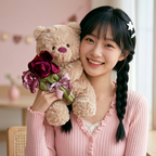 Curly beige teddy bear holding burgundy and mauve fabric flower bouquet – view 5 of 7